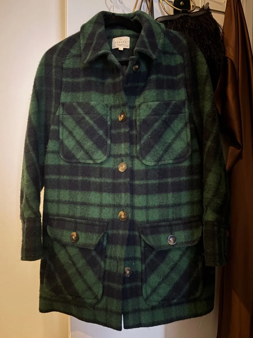 Sezane Paolo Coat - Green Tartan Women's Jacket - Picture 2 of 5